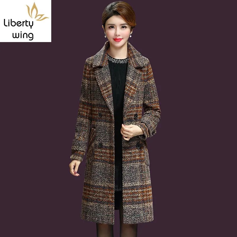 

Fashion Wool Blend Long Coat Female Winter Plaid Double Breasted Elegant Outerwear Warm Office Lady Slim Jacket Plus Size 5XL