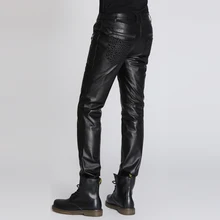 Мужские брюки, кожаные брюки, мужские тонкие леопардовые брюки, первый слой, Воловья кожа, штаны,, модная мужская одежда для ночного клуба