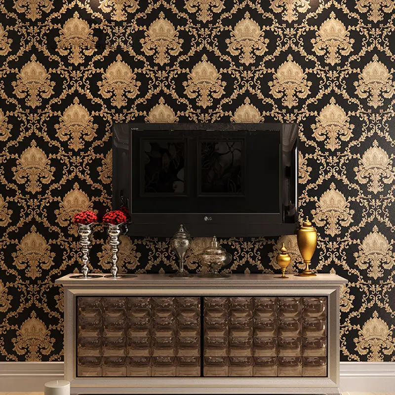 

House Wall Paper Black Gold Luxury Embossed Texture Metallic Damask Home Decor Household Products