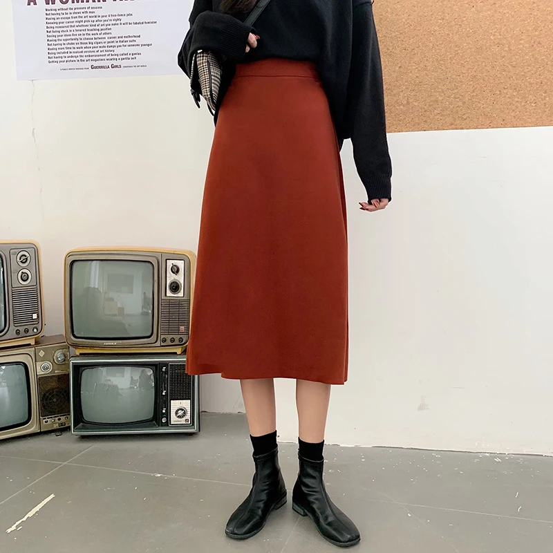 Rust red skirt Осенне-зимняя юбка с высокой талией, шерстяная юбка-карандаш,, офисные юбки миди, модные облегающие короткие юбки Faldas - Цвет: Rust red skirt