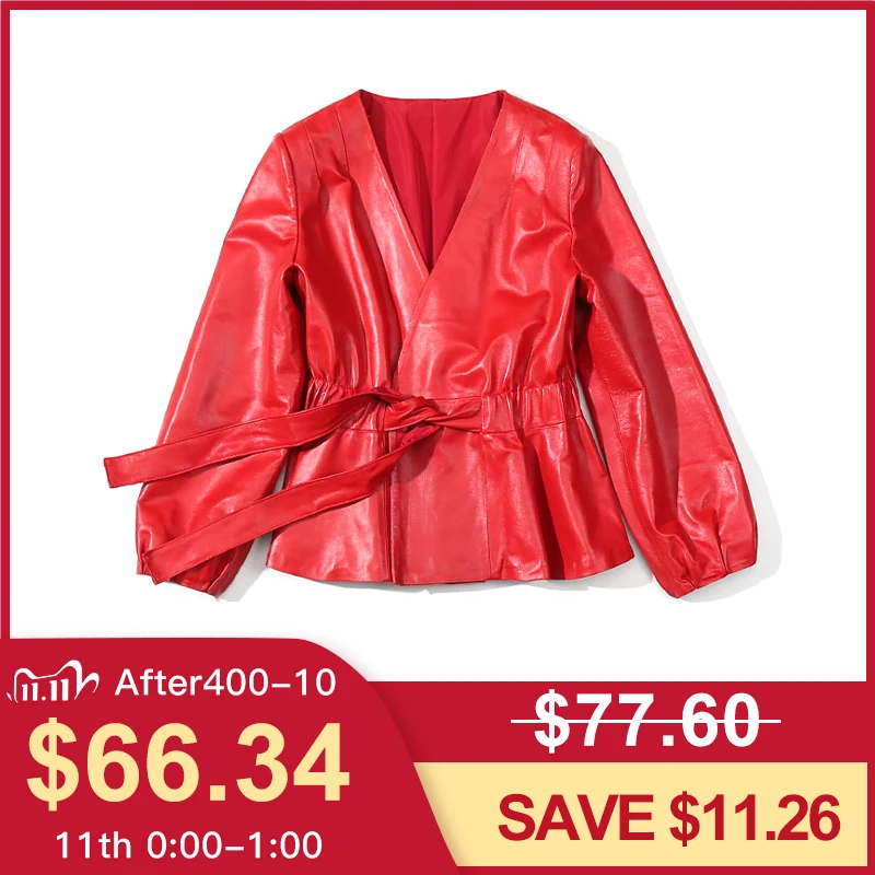 2019 Красная Натуральная Кожаная Куртка Для Женщин Плюс Размер Из Натуральной Кожи