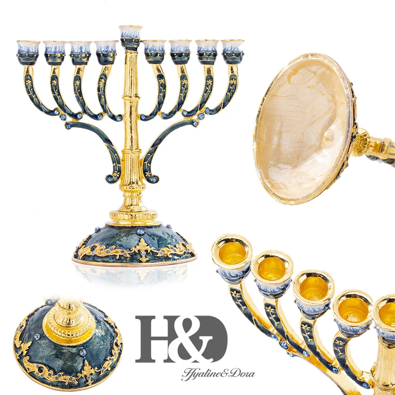 H&D ручная роспись Эмаль Цветочный Hanukkah Menorah подсвечник 9 веток канделябры украшенные кристаллами Звезда Давида Хамса