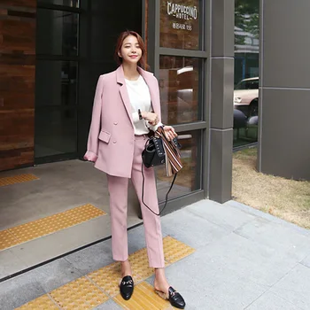 

2020 Two Piece Blazer Set Pink Outfits Double Breasted Long Blazer Jacket+Button Pencil Work Pant Korean Plus Size Women Suit