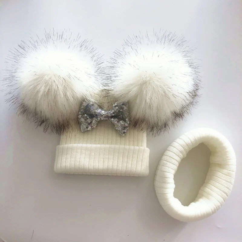 Baby Hat Kids Glitter Bow Knot Double Pompom Hat for Baby Girls Winter Cap Scarf