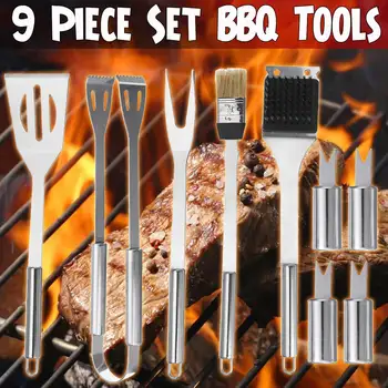 

9 Pcs Stainless Steel BBQ Tools Set Barbecue Grilling Utensil Accessories Camping Outdoor Cooking Tools Kit with Storage Bag