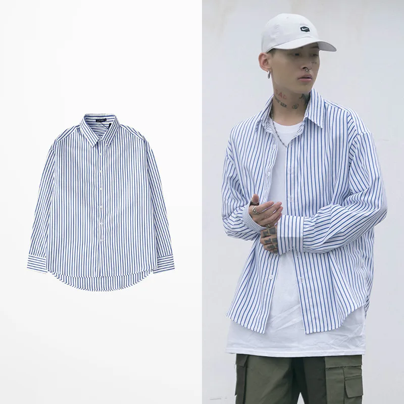 

New Fashion Strip Print Long Sleeve Shirts Men Down Arc Retro Shirt Men Hip Hop Oversize Tide Brand Shirt Men And Women