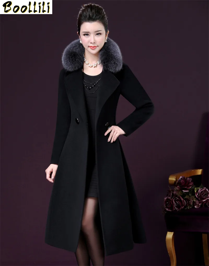 Boollili 2020 Plus Size 4XL Women's Woolen Coat Faux Fox Fur Collar Warm Thick Winter Jacket Women Blue Long Coats Casaco | Женская