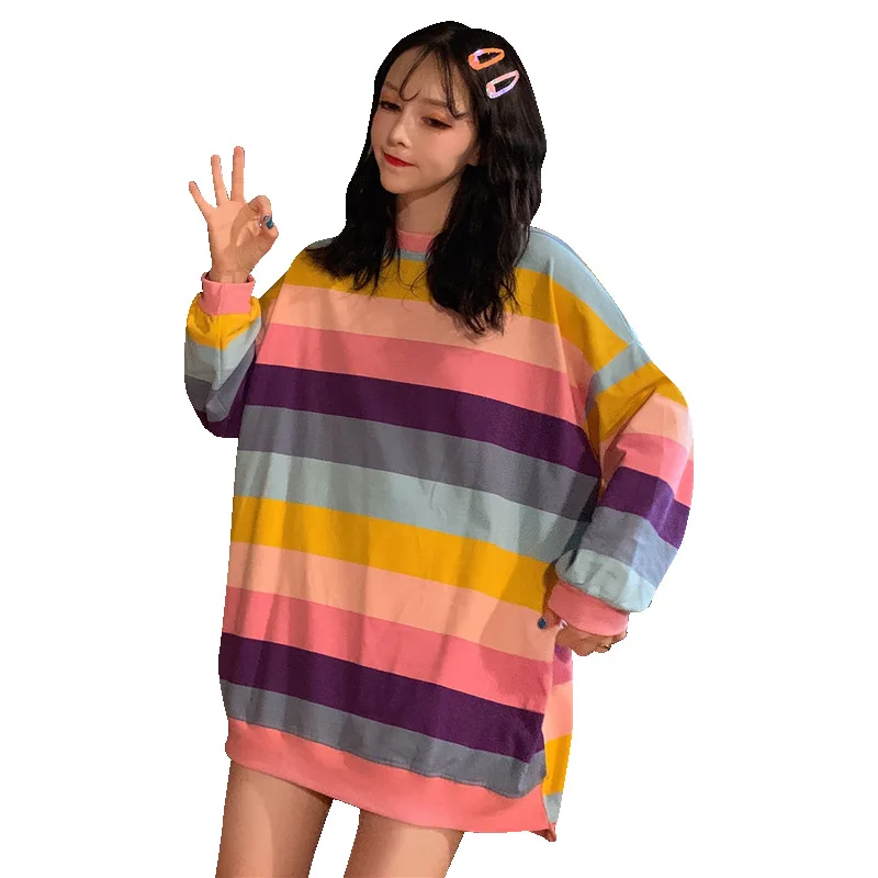 

Cotton sweatshirt women long sleeve fall winter 2019 fashion clothes rainbow stripes loose casual tops sport sweatshirts female
