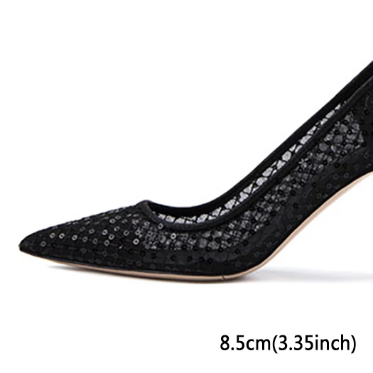 black 8.5cm Очень ультра-Свадебный Блестящий туфли-лодочки; женские туфли из сетчатого материала с острым носком и блестками; вечерние босоножки на высоком тонком каблуке золотистого цвета; Цвет Черный; большие размеры - Цвет: black 8.5cm