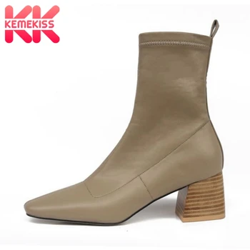 

KemeKiss Women Ankle Boots Fashion Patchwork Leather Shoes Women Square Heel Office Solid Color Casual Footwear Size 34-40