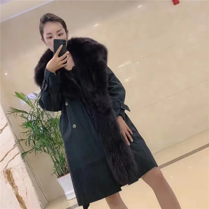 black fur liner Пальто с натуральным мехом, Толстая теплая парка с подкладкой из лисьего меха, женская зимняя куртка, костюм с воротником, длинный плащ - Цвет: black fur liner