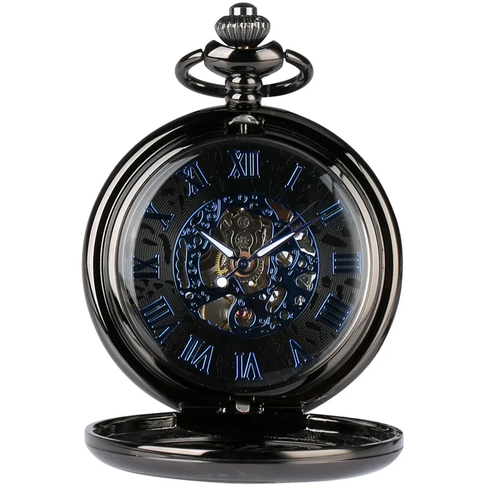 Vintage Black Wing Pattern Mechanical Pocket Watch Male Retro Pocket Pendant Clock with Chain Half Hunter Manual Timepiece reloj