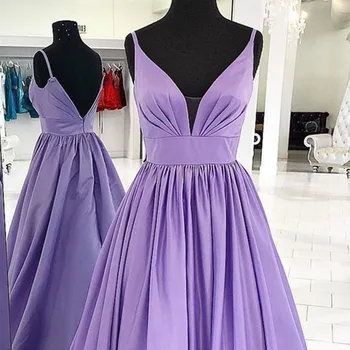 

Real Rill V-Neck Prom Dresses 2019 Spaghetti Straps Satin Floor Length A-Line Form Evening Gown Party Dress Vestidos De Fiesta