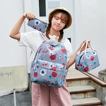 

3pcs School Backpack Canvas Laptop Daypack Teenage Schoolbag Bookbag Lunch Bag Pencil Case Set for Women Girls