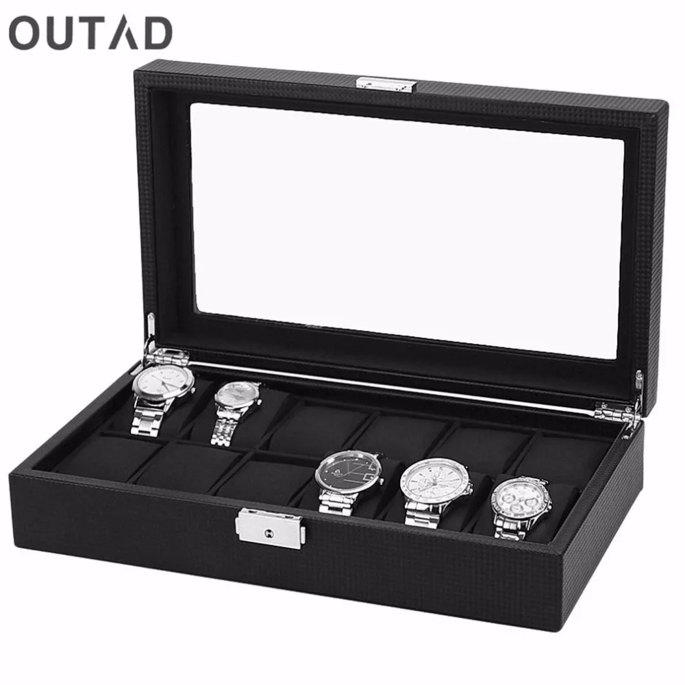 12 Grids 1PC Watch Box Case PU Leather Carbon Black Outer Black Inside Pillow Watch Storage Organizer Wristwatch Holder