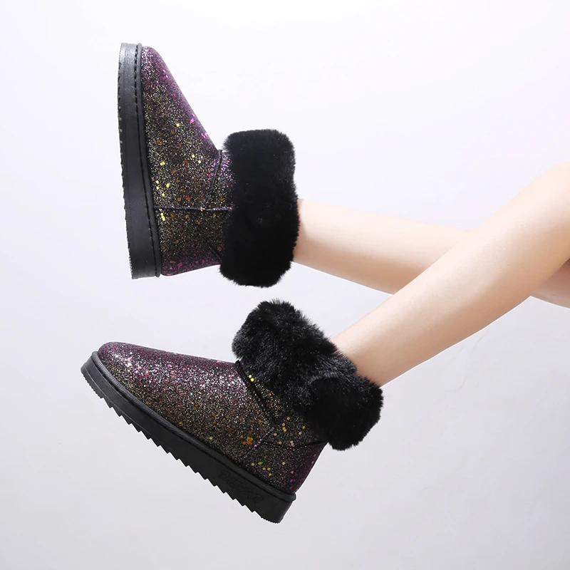 Блестящие кожаные ботинки; женские модные удобные ботинки с искусственным мехом; женские теплые плюшевые зимние ботинки