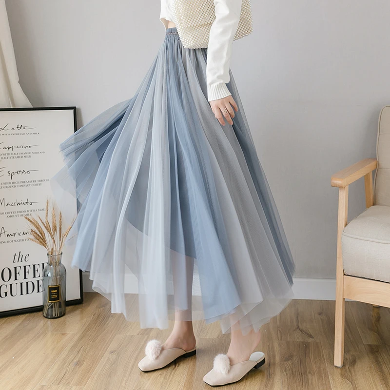 

Make early autumn color matching net yarn soft milk blue skirts the new tall waist ins super fire skirt joining together