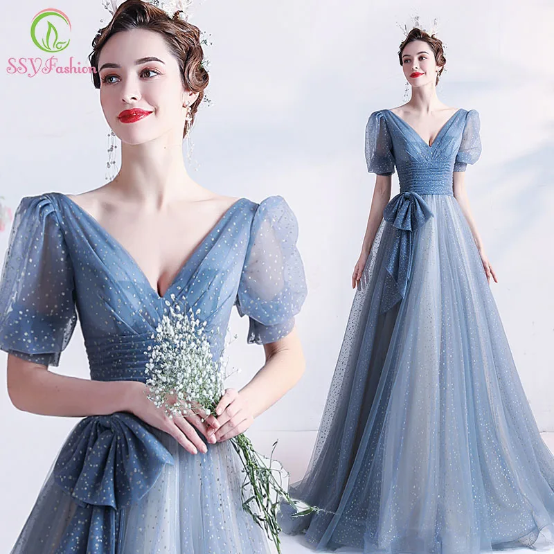 

SSYFashion New Elegant Grey Blue Evening Dress for Women V-neck Puff Sleeve A-line Banquet Formal Party Gowns Vestidos De Fiesta