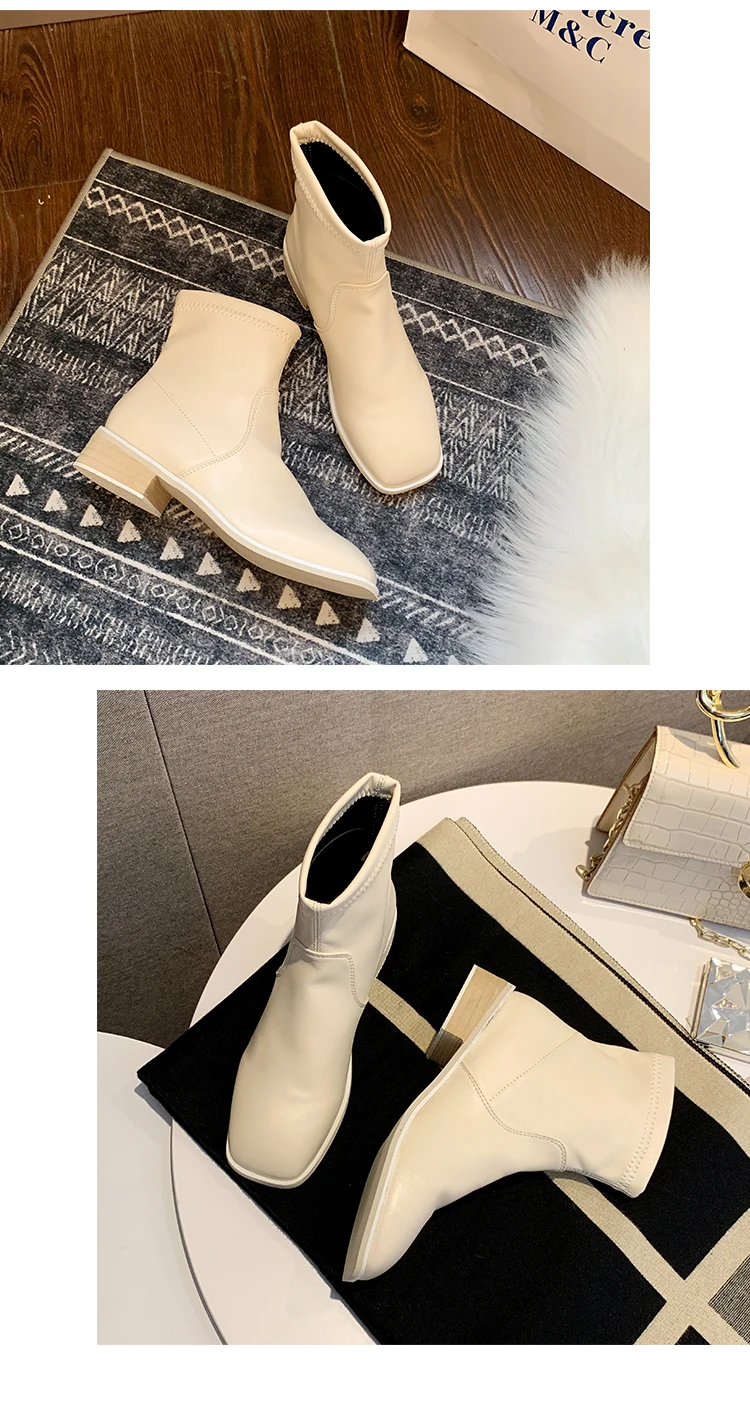 Black Beige Leather Women Knee High Boots Square Head Footwear Low Heels Female Motorcycle Boot Shoes Woman Winter New