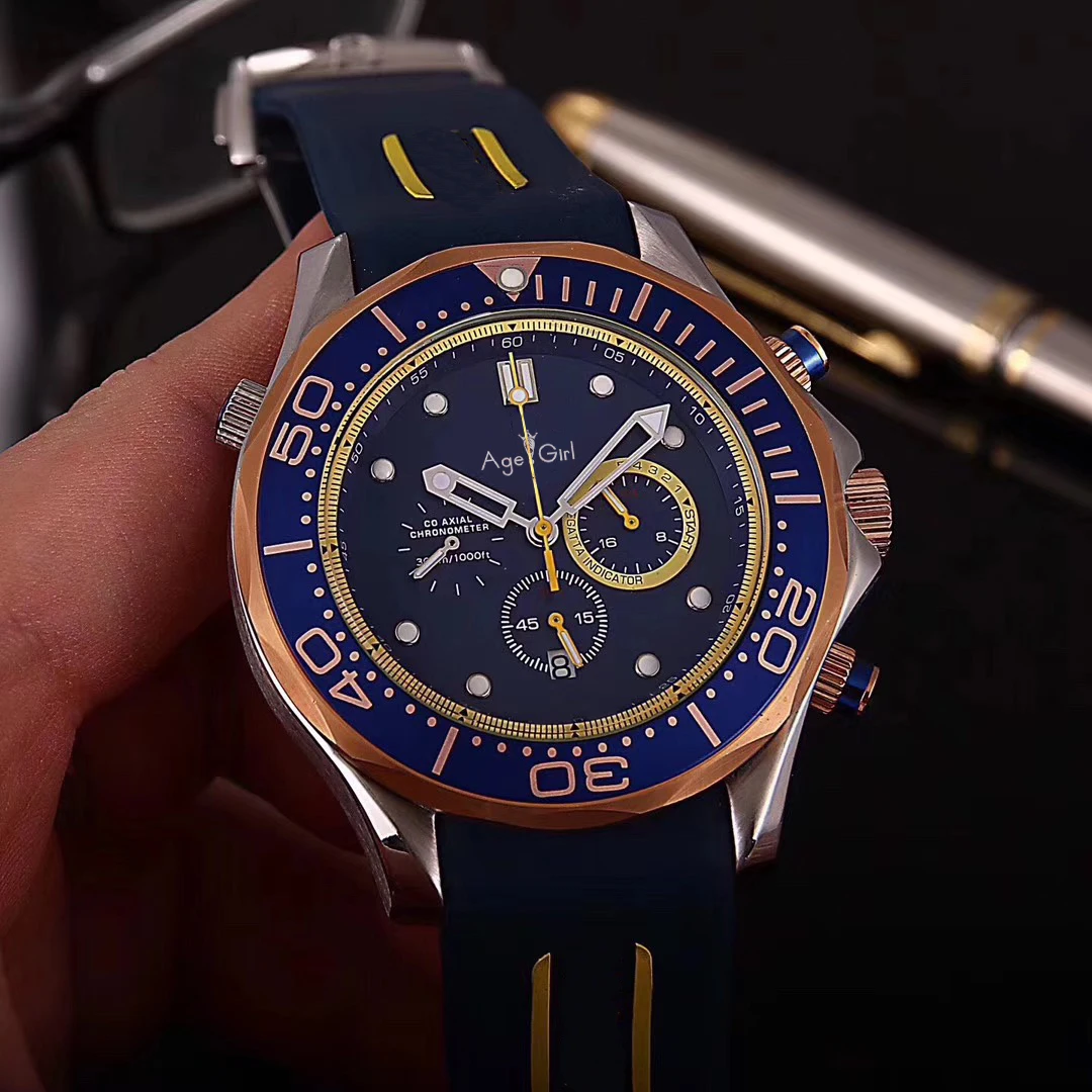 

Luxury Brand New Men Yellow Dial Sport StopWatch Rubber Stainless Steel Orange Black Blue Chronograph Sapphire Speed Watch AAA+