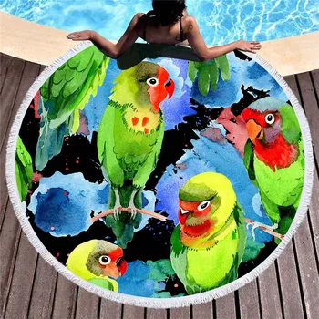 

Colorful 3D Parrot and Toucan Print Round Beach Towel with Tassel Tropical Plants Yoga Mat Bath Towel Diameter 150cm