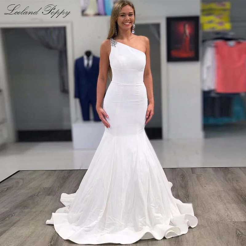 Одно плечо атласное свадебное платье русалки Vestido de Noiva в пол без рукавов расшитые стразами свадебные платья со шлейфом