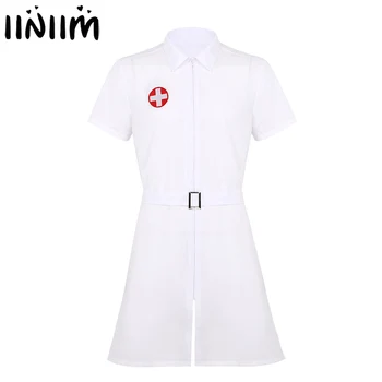

iiniim Men Adults Turn-down Collar Short Sleeves Zippered Medica Nurse Fancy Dress Halloween Costume Doctor Uniform with Belt