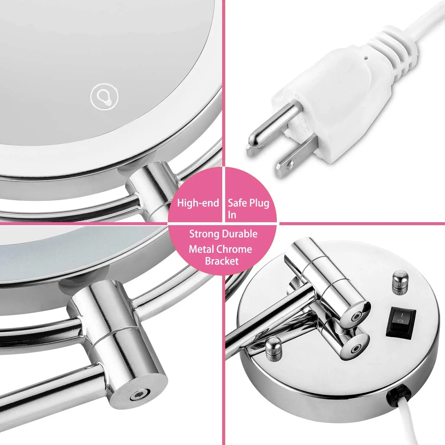 Wall Mount Makeup Vanity Mirror with LED Light 8'' Double Sided 5x Magnification Touch Button Stepless Adjustable Light