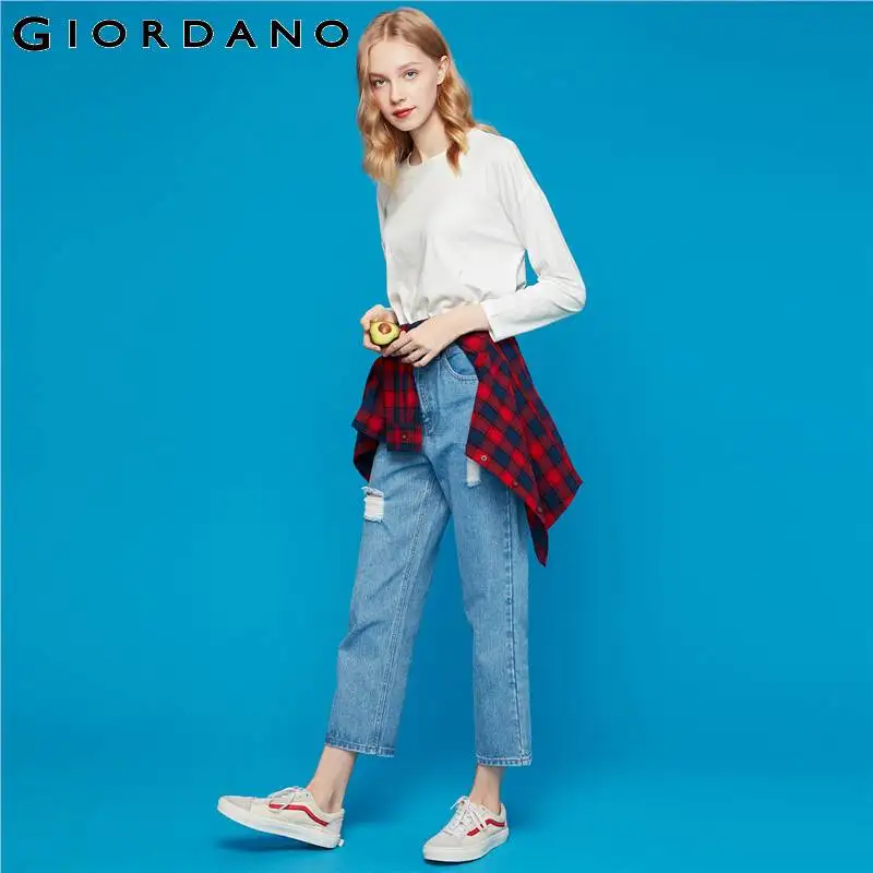 Женская футболка с открытыми плечами Giordano свободная Осенняя круглым вырезом