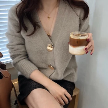 

LEH Golden Shiny Button Single Breasted Woolen Women Cardigans Sweater Casual Female Warm Elegant Autumn Winter