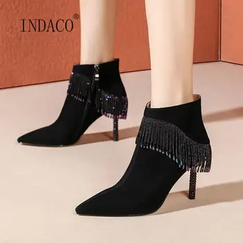 

Fashion Bead Fringe Boots High Heel Rhinestone Ankle Boots For Women Pointed Toe Suede Boots Thin Heel Bead Wedding Shoes