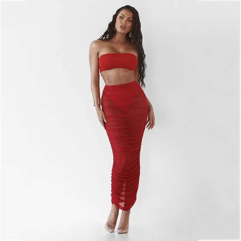 Kimuise Ruched Mesh обтягивающая юбка Высокая Wasit сексуальная Длинная юбка для женщин