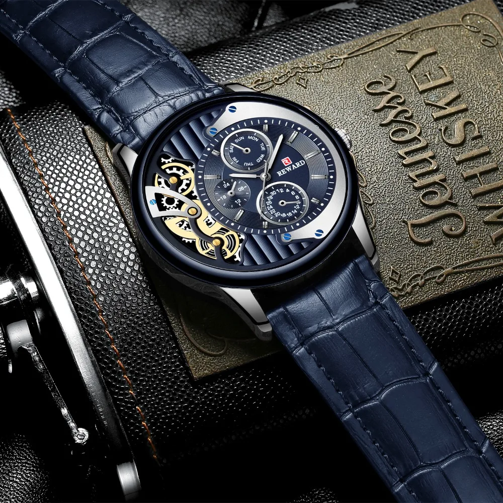 Stylish REWARD Skeleton Design 3 Dial Luxury Quartz Watches