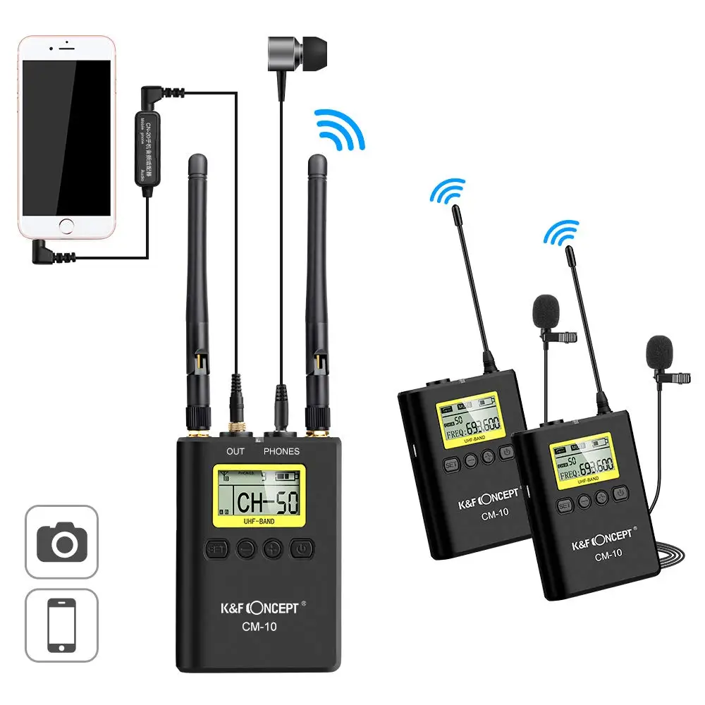 

K&F Concept UHF 100M Remote Wireless Lavalier Microphone 100 Channels with 2 Transmitters+1 Dual-channel receiver for CanonNikon