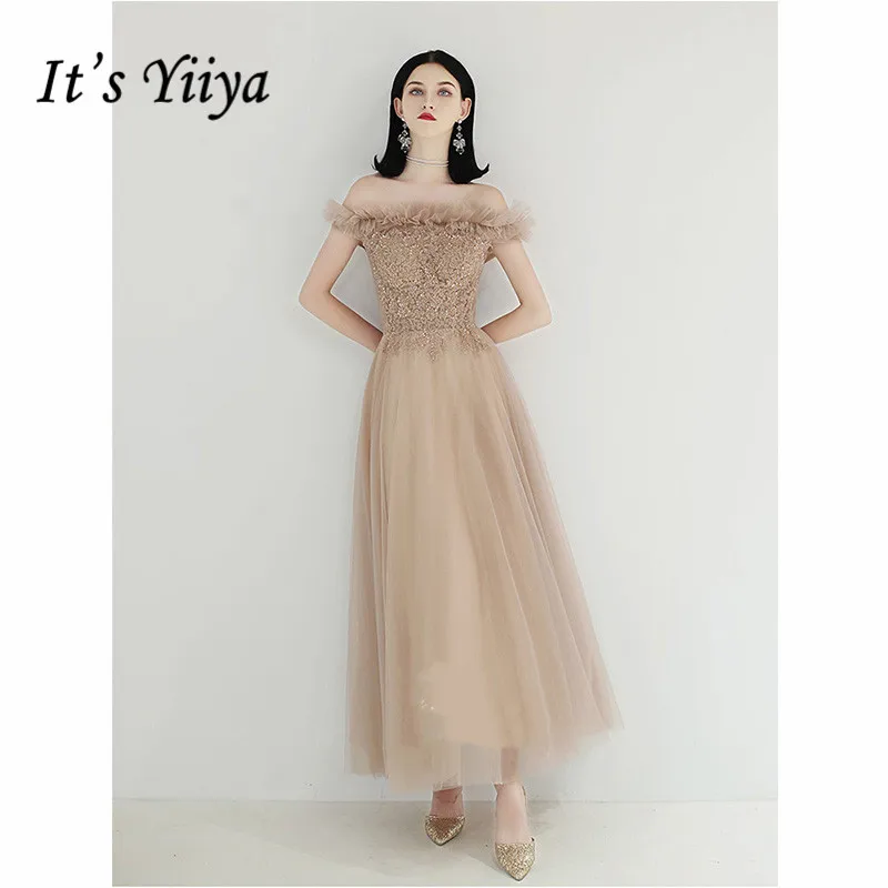 

It's Yiiya Evening Dress 2019 Off Shoulder Boat Neck Formal Dresses Appliques Elegant Illusion Plus Size Robe de Soiree E1108