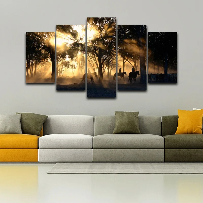 Canvas-Wall-Art-Pictures-Home-Decor-Living-Room-5-Pieces-Morning-Sunrise-Forest-Tree-Horses-Painting (3)