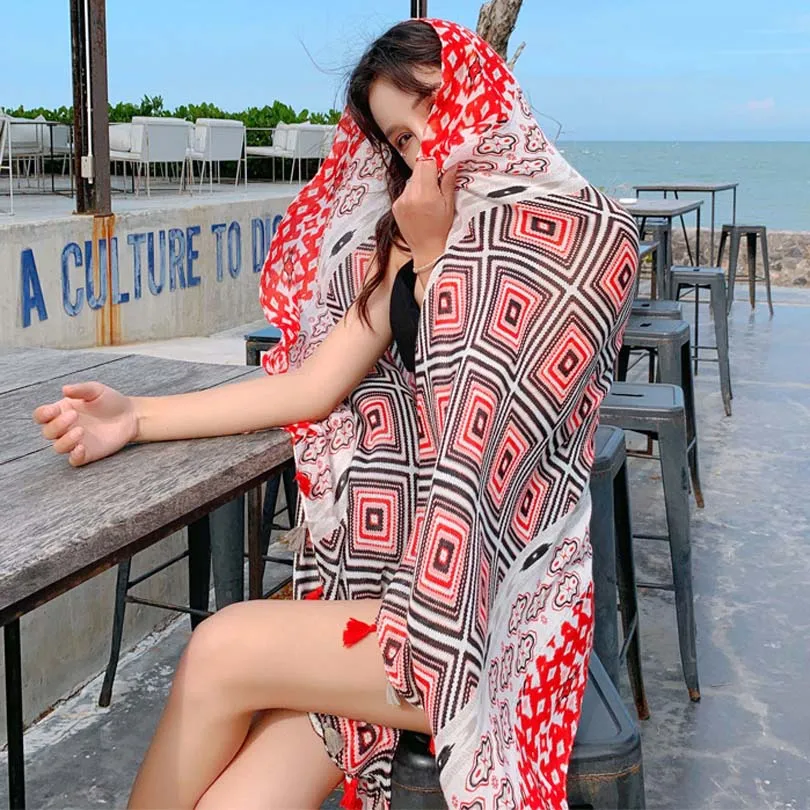 

Scarf Summer Female National Cotton and Linen Swimsuit Cover Up Thin Printed Shawl Beach Towel Sunscreen Silk Scarves