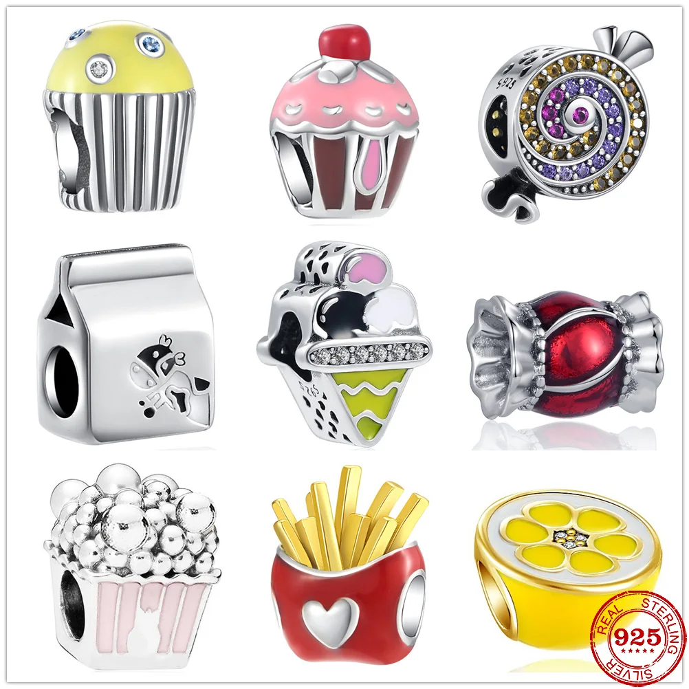 New 925 Sterling Silver Ice Cream Candy Fries Popcorn Lemon Milk Charm bead Fit Original Pandora Bracelet DIY Jewelry For Women | Украшения