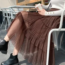 GIGOGOU весна лето сладкий торт слоистые длинные сетчатые юбки для женщин Эластичный Высокая талия рюшами Винтаж многоуровневый тюль плиссированные ins юбка