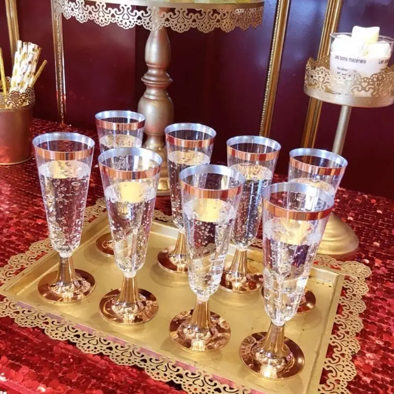 Высокое качество 150 мл пластиковые розовые золотые оправы Прозрачные Жесткие одноразовые вечерние свадебные чашки Премиум элегантный, цвет шампанского очки флейты