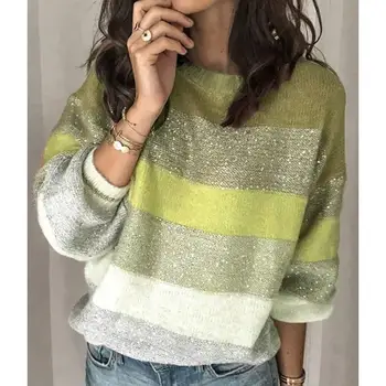 

Autumn Loose Casual Knit Sweater Women Long Sleeve Pullover Striped Knitted Sweaters Elegant Clothes