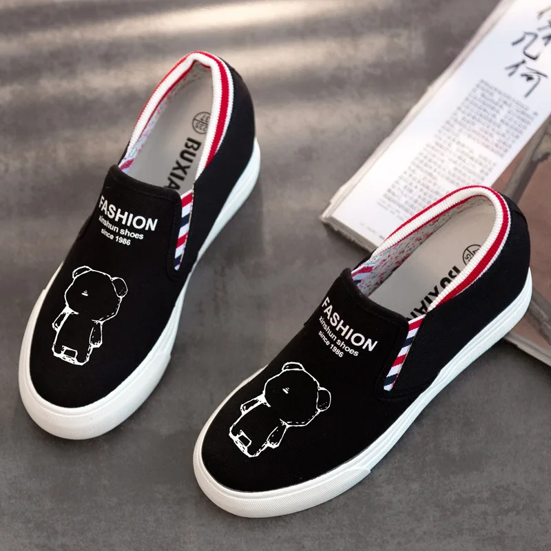 

T-wz Women's Platform Thick Bottomed Elevator Elastic Love Canvas Shoes Cartoon Pattern Printed Blank Lazy Shoes