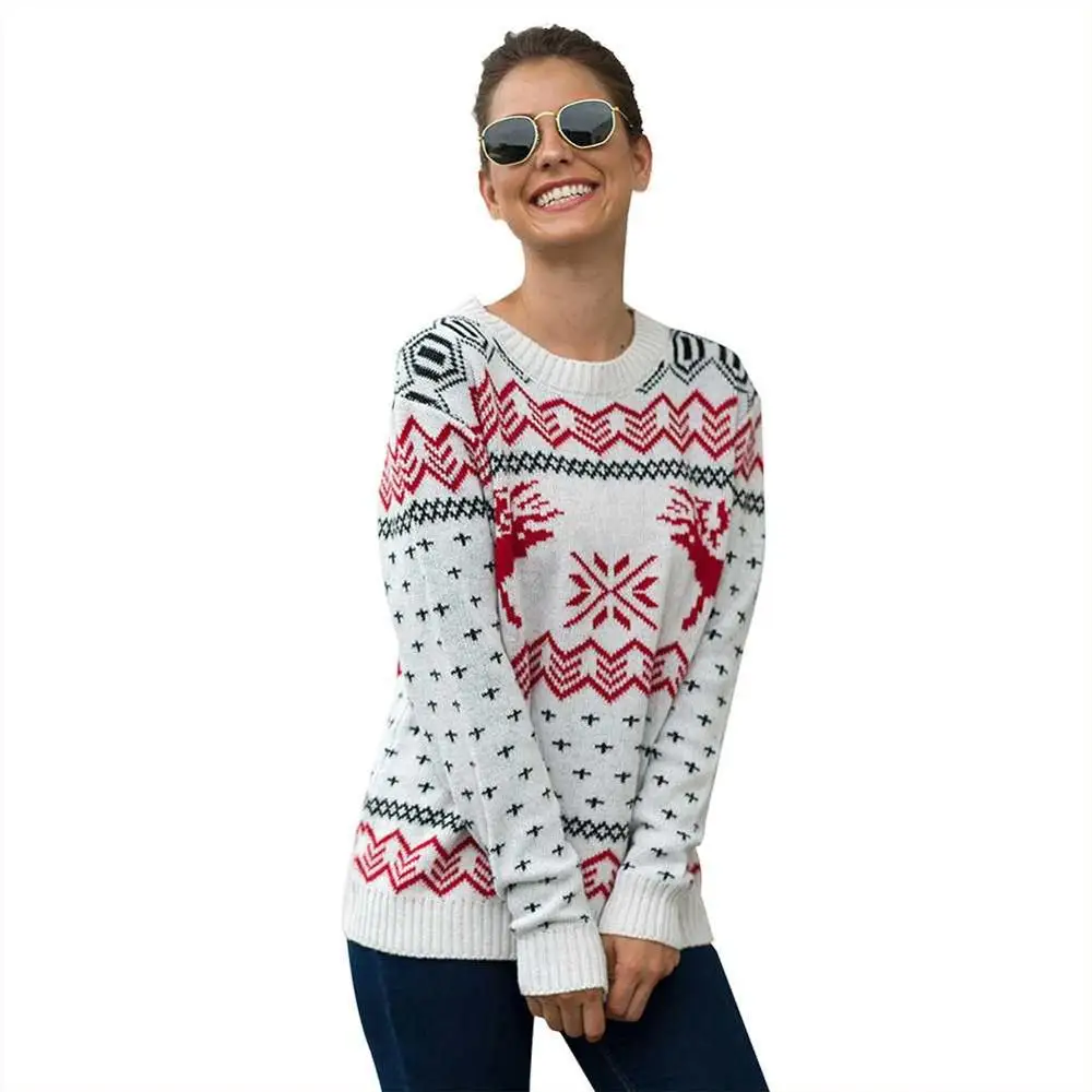 Kureas Женский вязаный свитер Рождество Зима Осень теплые пуловеры Джемперы повседневная одежда с длинным рукавом олень - Цвет: Белый