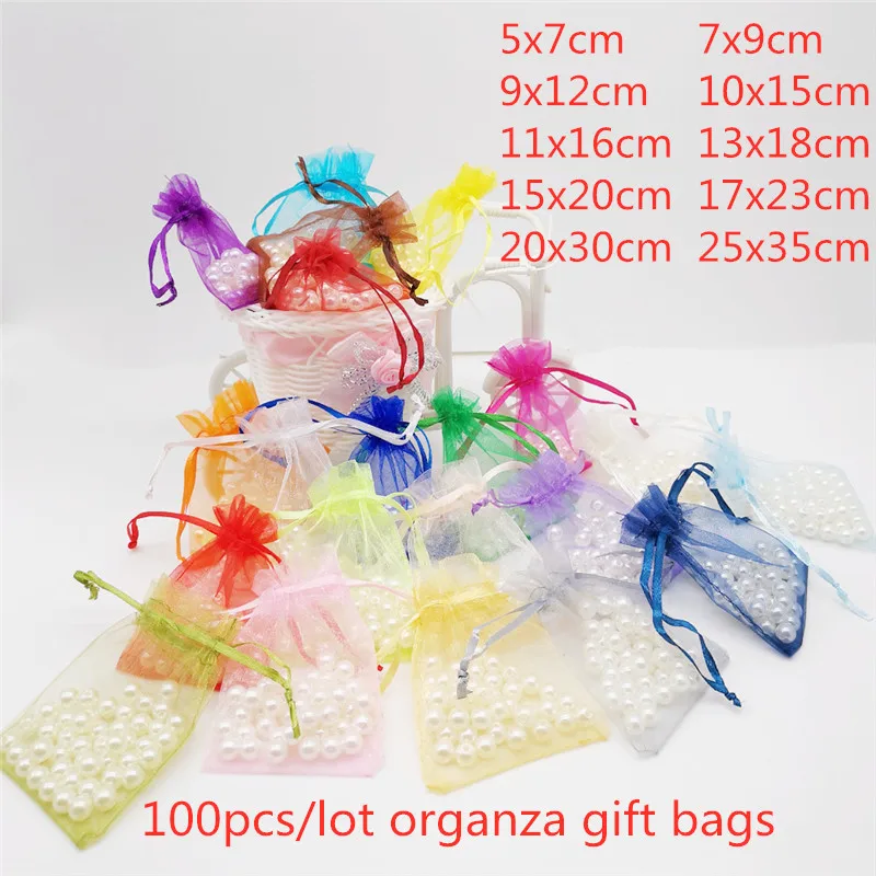 100 stücke 5x7 7x9 9x12 10x15 13x18cm Kleine Geschenk tasche Organza Geschenk Verpackung Hochzeit Party Candy Taschen Beutel Geschenk Beutel Mit Griffen – Detail 1