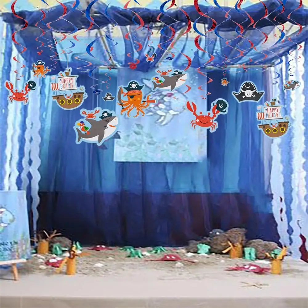 ~ Supplies Shark Ocean 12 PIRATE PARTY Ahoy Birthday HANGING SWIRL DECORATIONS 