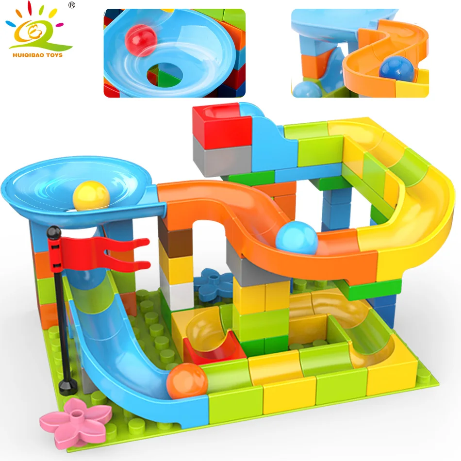 

HUIQIBAO TOYS 82Pcs Marble Race Run Building Blocks For Kids Legoingly Duploed Maze Ball Funnel Slide Track Construction Bricks