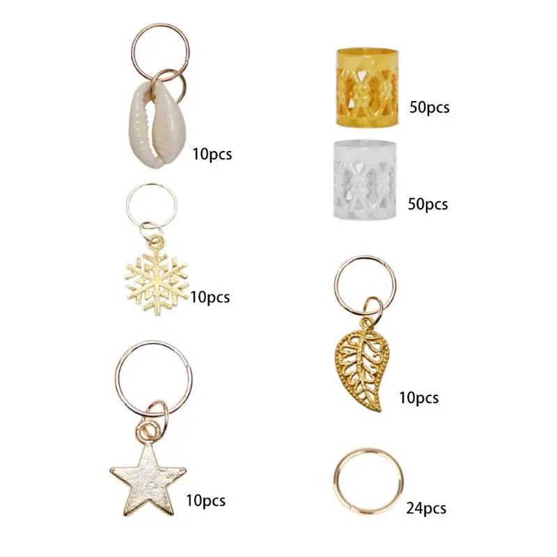 

164Pieces Hair Jewelry Braid Rings Decoration Pendants Dreadlocks Beads Metal Cuffs Seashell Snowflake Charms Festival Accessory