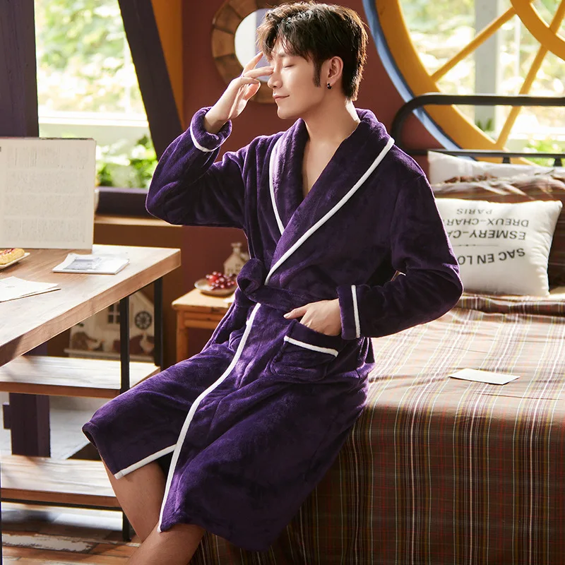 Men Purple 2 Пара ночной Халат фланелевый теплый зимний Для мужчин Для женщин с отложным воротником кимоно Пижама, ночное белье, спальная одежда, Длинные рукава пальто с карманами - Цвет: Men Purple 2