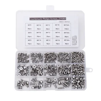 

480Pcs/box M2 M2.5 M3 DIN965 304 Stainless Steel Flat head cross screw Nut Kit