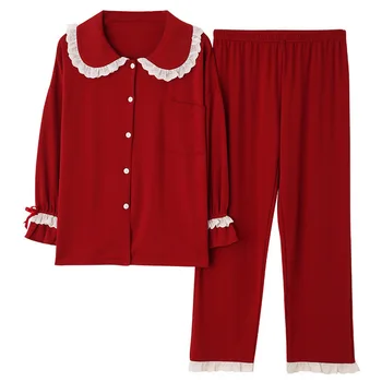 

Suit Women Casual Autumn Nightwear Lapel Sleepwear 2PCS Sleep Set Cotton Loose Intimate Lingerie Long Sleeve Lounge Pajamas
